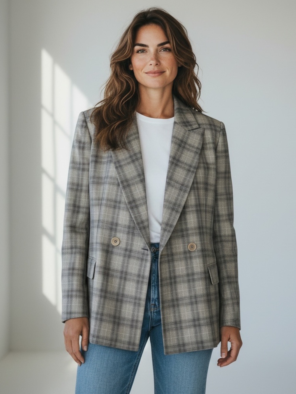Giorgio Armani Plaid Double-Breasted Blazer - stylish workwear - size M.